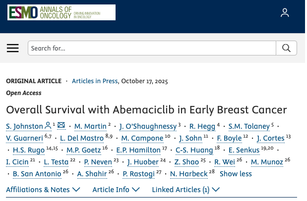 Overall Survival with Abemaciclib in Early Breast Cancer

annalsofoncology.org/article/S0923-…

Presented at #ESMO25 
The phase 3 monarchE 🦋trial shows that adding abemaciclib to adjuvant endocrine therapy significantly improves overall, invasive disease–free, and distant relapse–free