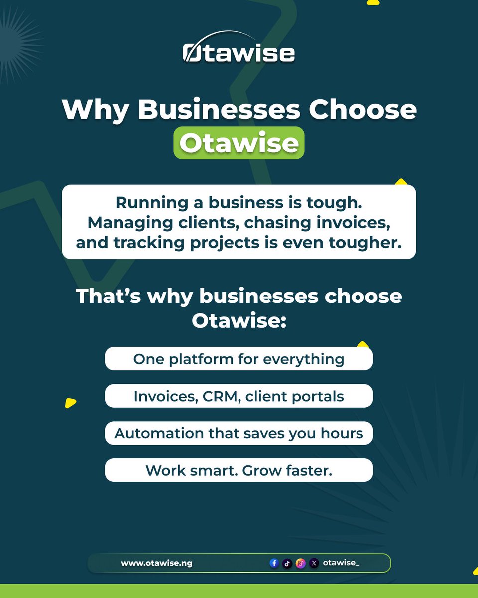 Otawise_'s tweet image. Smart work beats hard work every time.
Grow faster with Otawise.
Book a demo here:otawise.ng
#Otawise #BusinessMadeEasy #smartworkflows