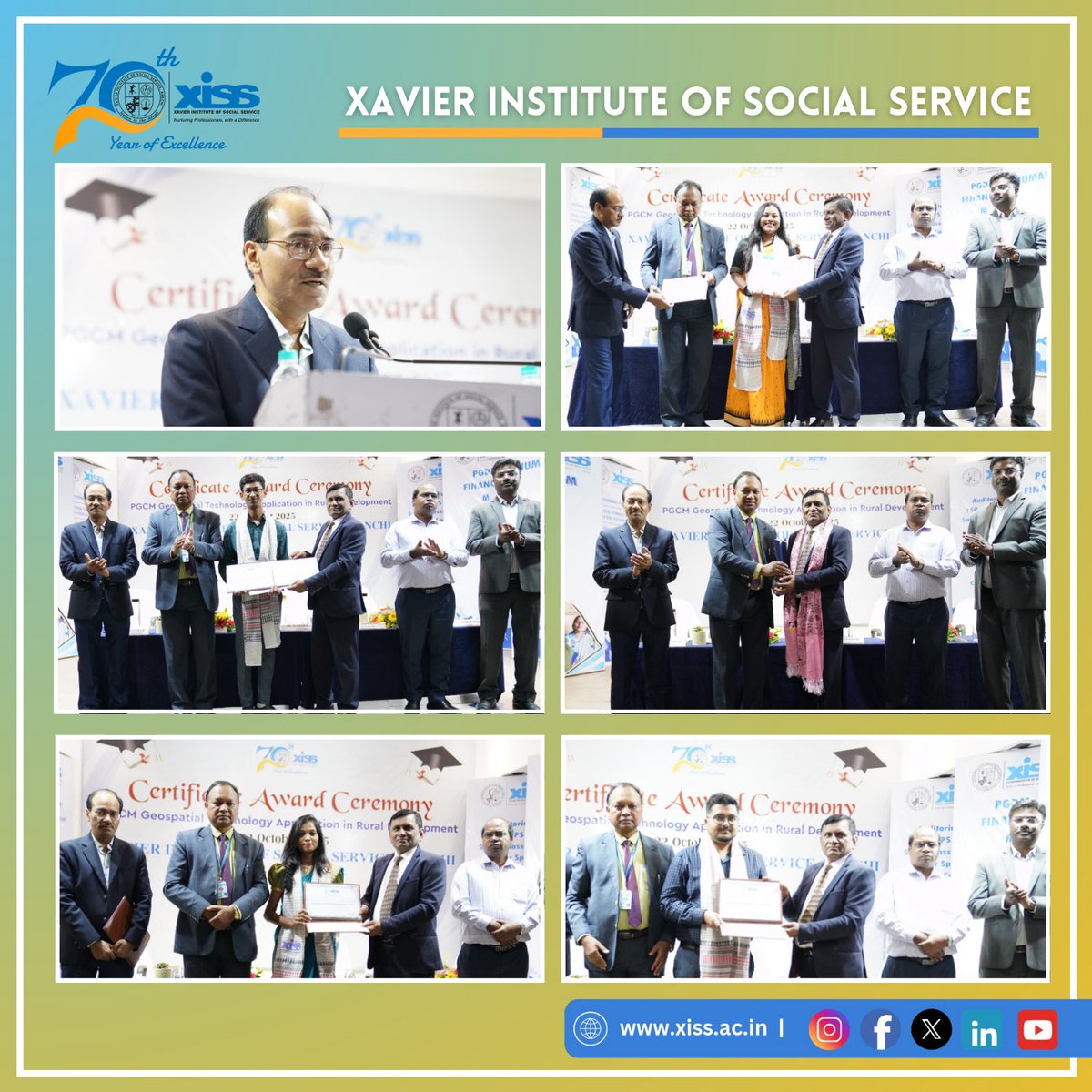 XISSRanchi's tweet photo. #XISSRanchi hosted the #Certificate #AwardCeremony for its #AICTE-approved #PGCM–#GIS in #RuralDevelopment course. 56 students from the 2023–24 & 2024–25 batches were felicitated for their year-long journey blending tech with social impact.
Chief Guest, Mr Pramod Kumar, GM Underground MininG, CMPDI, highlighted GIS’s role in sustainable mining & planning, while Director, XISS urged them to “carry both the skill to create and the spirit to serve.”
#XISSRanchi #PGCMGIS #GeospatialTechnology #RuralDevelopment #AICTE #TechnologyForGood #Sustainability #XISSat70
