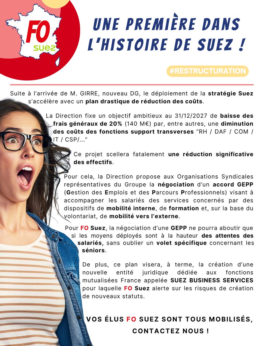 FOSuezFR's tweet photo. 🆕@suez Le nouveau DG @XavierGirre annonce un projet de réduction des frais généraux pour accélérer le déploiement de la #Stratégie de l'entreprise !  

😠Ce projet scellera fatalement une réduction significative des effectifs.
#Mobilisation #DialogueSocial #Restructuration #GEPP https://t.co/jVf7VWGbYa