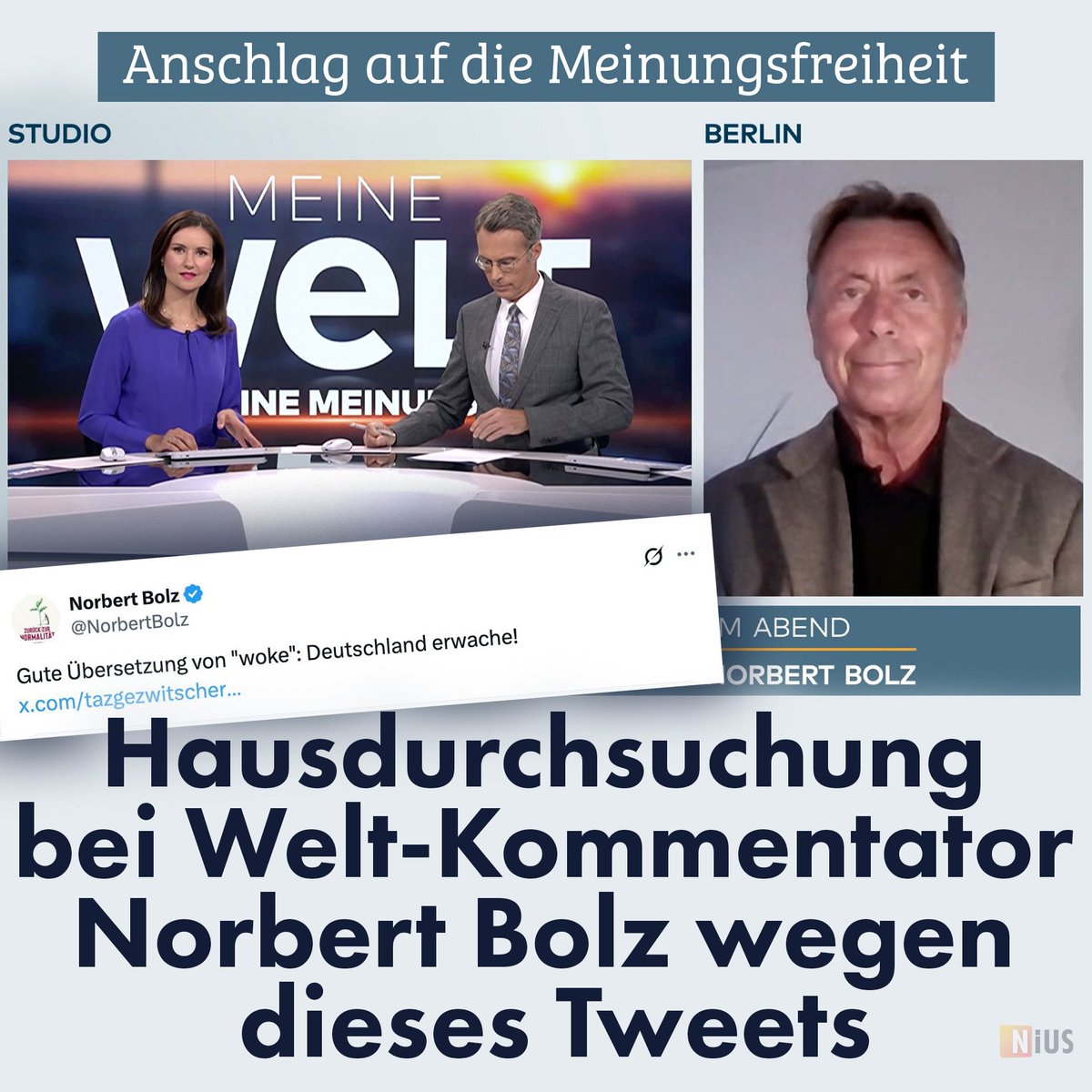 Der Medienwissenschaftler Prof. Norbert Bolz ist regelmäßiger Gast bei WELT-TV. Dort kommentiert er die Berichterstattung. Heute in den Morgenstunden stand die Polizei vor seiner Tür. Sein Vergehen: ein harmloser Tweet. nius.de/nachrichten/ne…