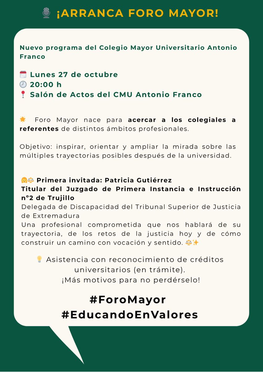 Conferencia en el Colegio Mayor Antonio Franco <a href="/CMantoniofranco/">CMU Antonio Franco</a>: "La toga y la palabra: la vida de una jueza".

Por Patricia Gutiérrez, jueza de primera instancia e instrucción de Trujillo.