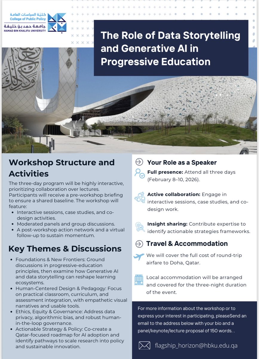 policyCollege's tweet image. CALL FOR SPEAKERS!
THE ROLE OF DATA STORYTELLING & GENERATIVE AI IN PROGRESSIVE EDUCATION
Join a group of international experts for a pivotal workshop designed to harness the transformative power of Generative AI & data storytelling for progressive, learner-centered education