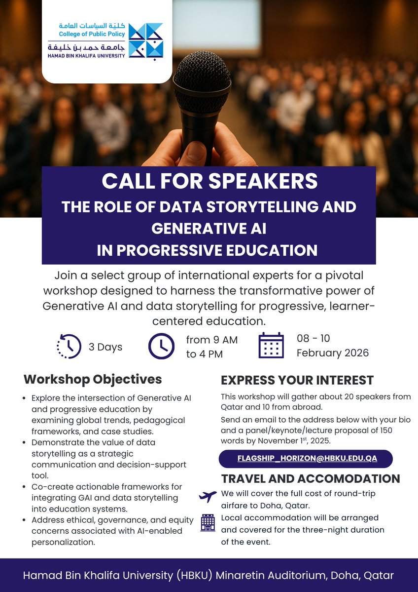 policyCollege's tweet image. CALL FOR SPEAKERS!
THE ROLE OF DATA STORYTELLING & GENERATIVE AI IN PROGRESSIVE EDUCATION
Join a group of international experts for a pivotal workshop designed to harness the transformative power of Generative AI & data storytelling for progressive, learner-centered education