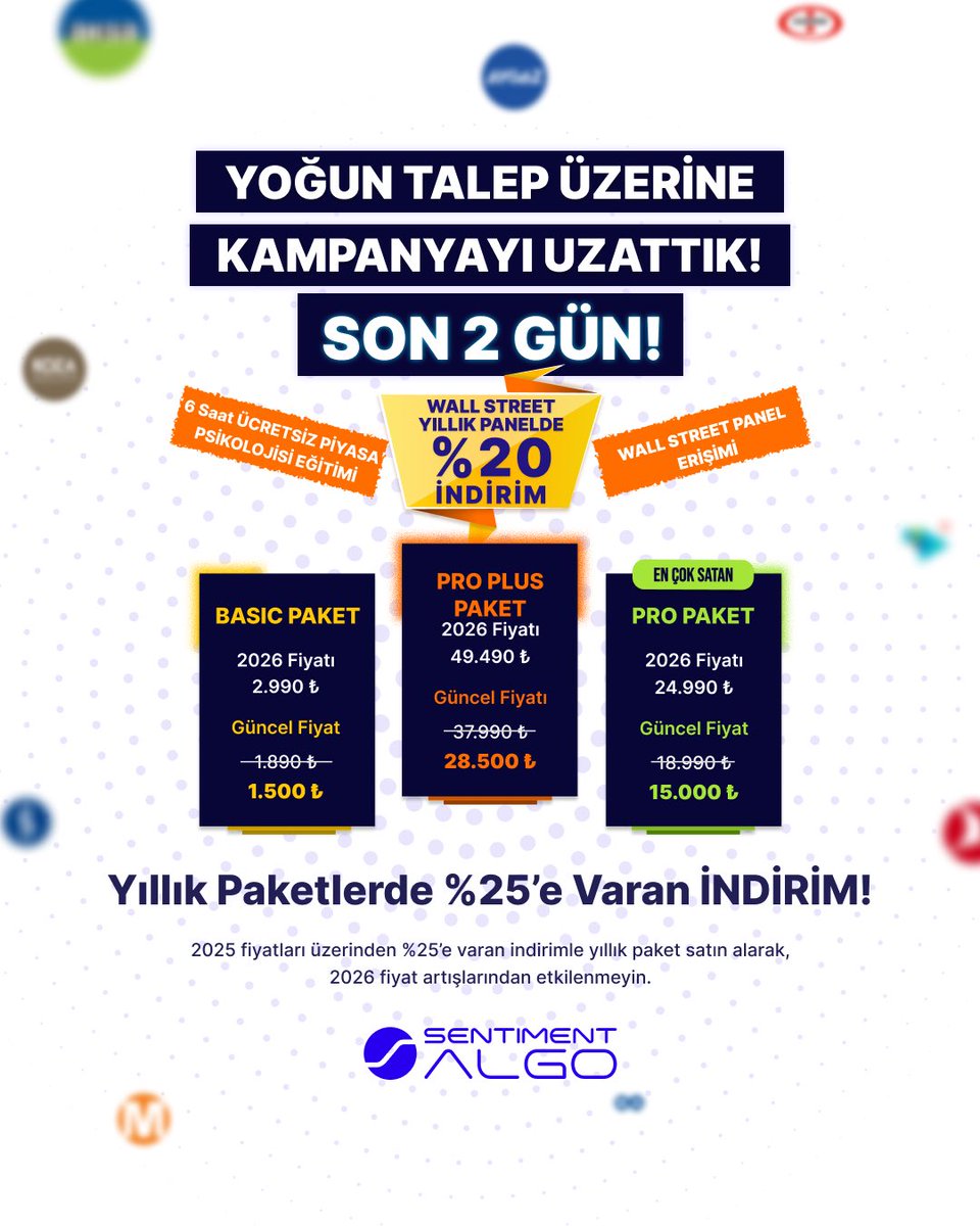algo_sentiment's tweet image. 🚨 YOĞUN TALEP ÜZERİNE KAMPANYAYI UZATTIK! SON İKİ GÜN! 🚨
Yıllık paketlerde %25’e varan indirim ve özel hediyeler seni bekliyor:
💼 24 Ekim Sonrası Yıllık Fiyatlar:
* Basic Paket: 2.990₺
* Pro Paket: 24.990₺
* Pro Plus Paket: 49.490₺
🎁 Paket Hediyeleri:
* Basic…