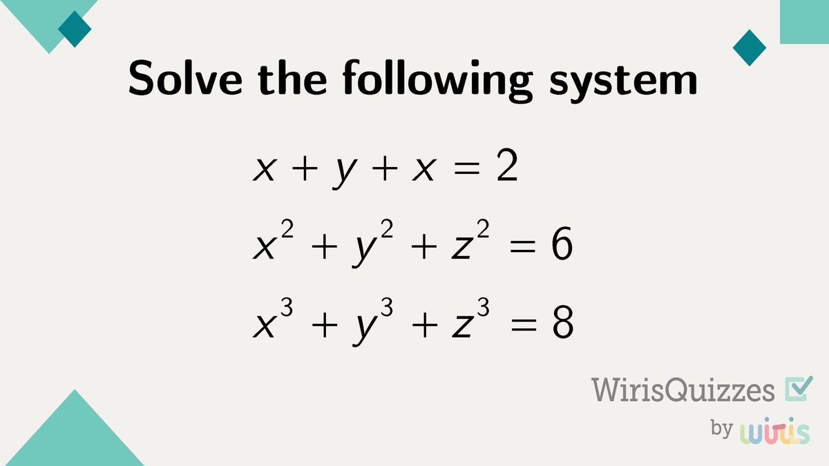WirisQuizzes's tweet image. 🧩 Unleash your mathematical genius!
Find as many solutions as you can for this equations system and share them in the comments. Let’s see if together we get all of them!
#WirisQuizzes #mathquiz #mathproblem #mathexercise #problem #MathType #math #mathematics #geometry #STEM