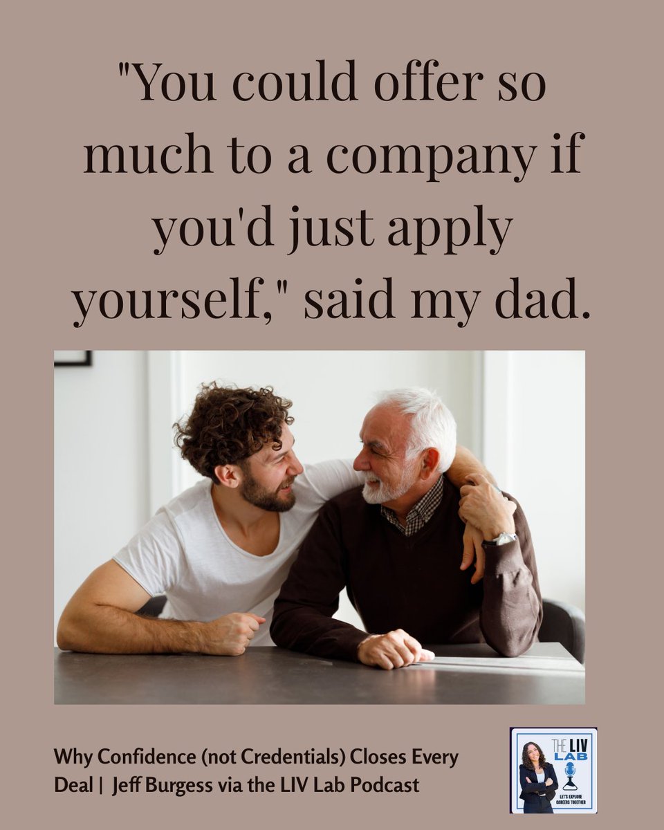 WorkedForMeBook's tweet image. "You could offer so much to a company if you'd just apply yourself," said my dad.
~ Jeff Burgess @WorkedForMeBook "Why Confidence (not Credentials) Closes Every Deal" via the LIV Lab Podcast
#Memoir #Business