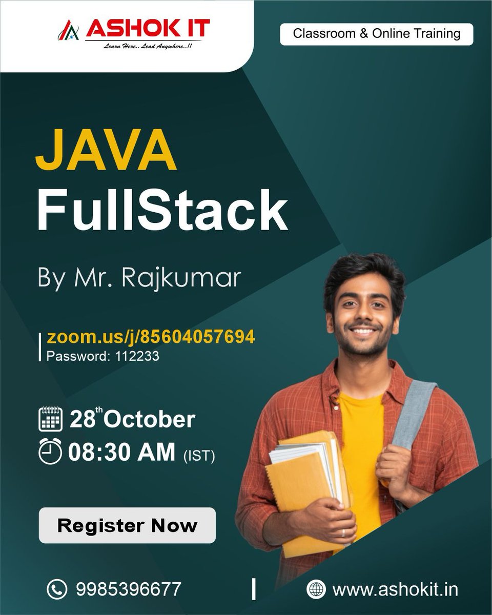 ashokitschool's tweet image. 💻 Become a Full Stack Java Developer – From Zero to Job Ready!
📲 Register Now: tr.ee/OeT3ZA

🚀 Trainer: Mr. Rajkumar
📅 Start Date: 28th October
⏰ Time: 08:30 AM (IST)

#JavaFullStack #FullStackDeveloper #JavaTraining #AshokIT #LearnJava #SpringBoot #WebDevelopment