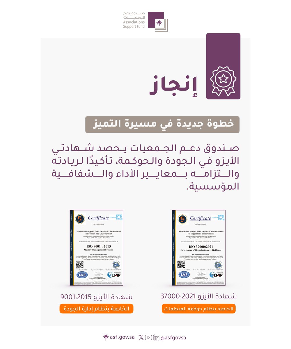 نفخر في صندوق دعم الجمعيات بحصولنا على شهادتي ISO 9001 و ISO 37000 في الجودة والحوكمة، تأكيدًا لالتزامنا بالتميز المؤسسي وتعزيزالشفافية والاستدامة في خدمة القطاع غير الربحي.
#صندوق_دعم_الجمعيات