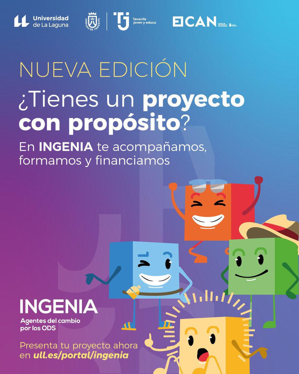 📢 Ya está aquí la 7.ª edición de Ingenia.

Si tienes una idea para mejorar tu entorno, hacer frente a un reto social o medioambiental, y cumplir con los ODS, este es tu momento 🙌💡

📅 Presentación de solicitudes hasta el 22 de diciembre.

Más info 👉 t.ull.es/25be