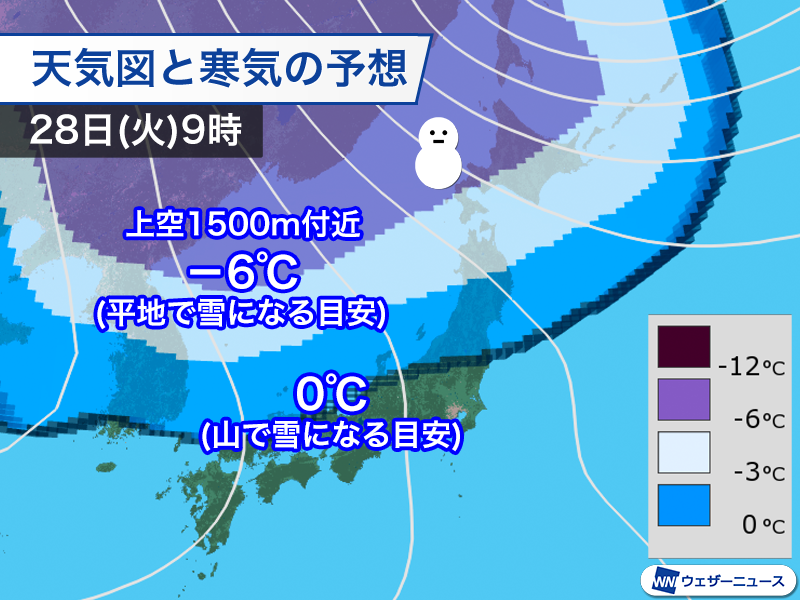 wni_jp's tweet image. <来週はじめに寒気が南下>
来週の27日(月)頃から日本付近は冬型の気圧配置になり、28日(火)をピークに初冬の寒気が南下します。
北海道の内陸部は平地でも雪になり、東北も山沿いでは雪に変わる所がある見込みです。
weathernews.jp/news/202510/23…