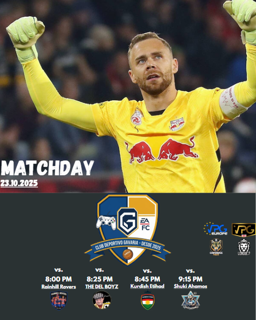 CDGavaria's tweet photo. All eyes on Matchday 3!🫡💙🤍💛

Who we are facing today:

@VPGUK League Seven:
🕗 8:00 PM – vs. @VpgRovers 
🕗 8:25 PM - vs. The Del Boyz

@VPGEurope Conference Premier B:
🕗8:45 PM – vs. Kurdish Etihad 
🕗9:15  PM – vs. @ShukiAhamosfc 

#FC26 #EAFC #VPG #CDGavaria @OfficialVPG https://t.co/Q3tJzde1pS