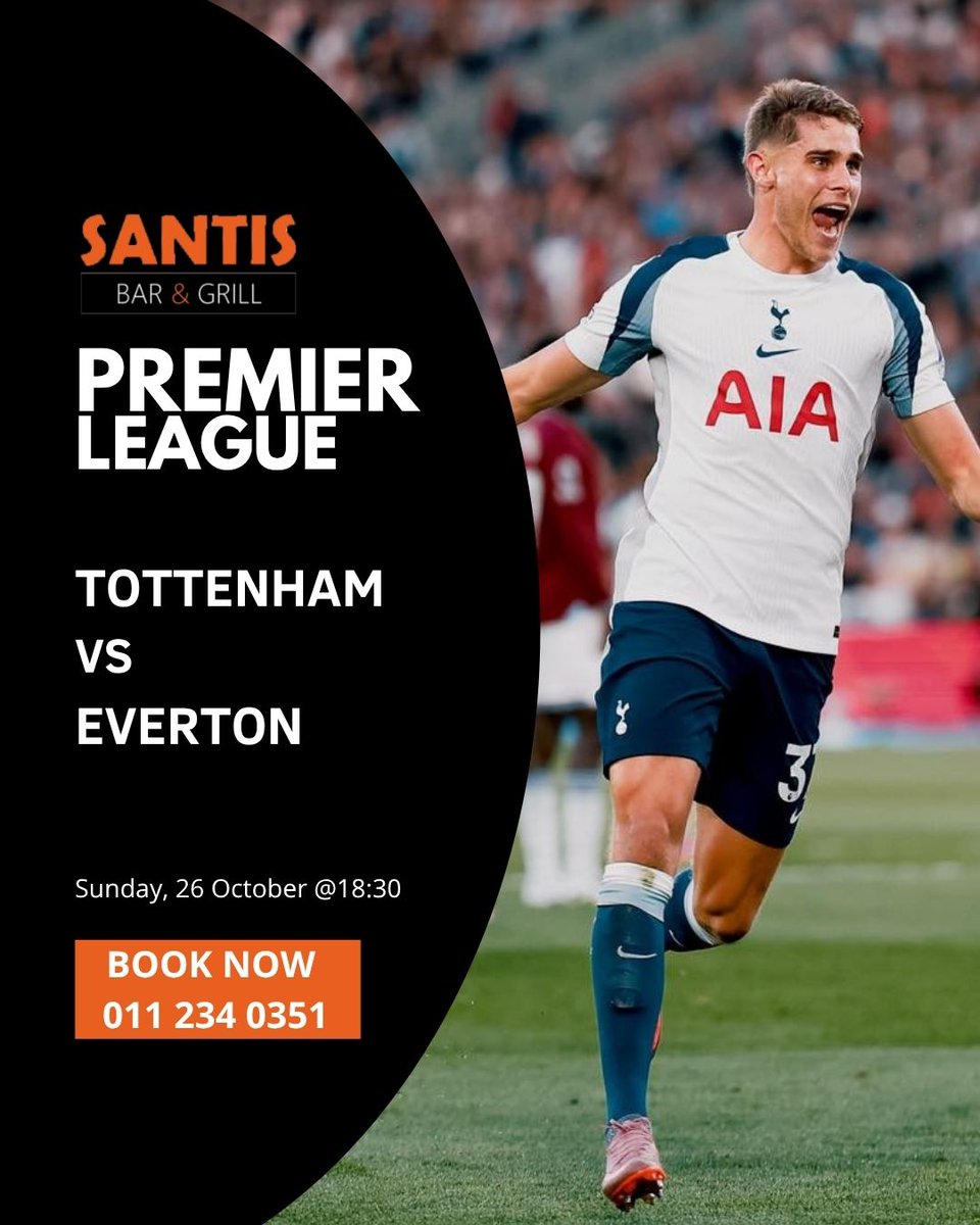 SantisBarGrill's tweet image. ⚽⚡Tottenham vs Everton⚡⚽
Sunday 26 Oct @ 18:30 — Spurs🐓host Everton🔵 under the lights! Grab dinner and drinks🍔🍺 while watching the action live on the big screens📺.
📍Bookings essential – call📞011 234 0351
#SantisBarAndGrill #santiswebchanges #webchanges