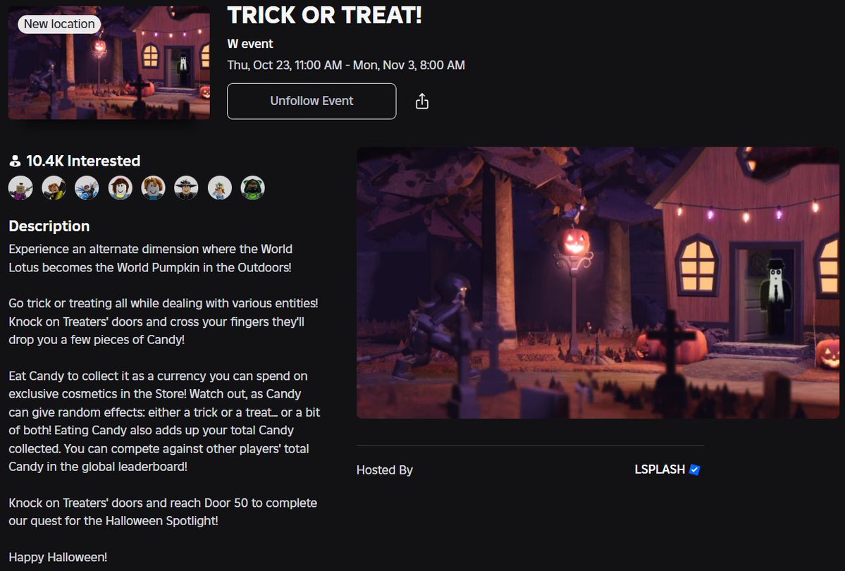 RediblesQW's tweet image. Make sure to follow the event so you are notified when we go live with Trick or Treat 2025! 🍬🍭
roblox.com/events/1227985…
Things to expect:
- awesome new TRICK OR TREAT mode
- cool halloween lobby design 🎃
- gifting! 🎁
- tower heroes collab content!
#DoorsRoblox #RobloxDoors