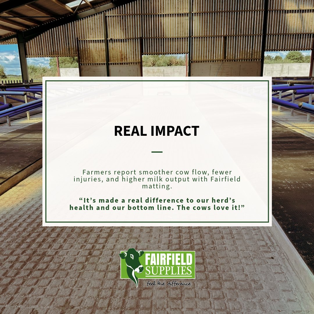Concrete costs you. Rubber pays back. 

Fairfield cow matting reduces lameness, boosts milk yield &amp; keeps cows moving. 🐮

📞 01295 757155 | fairfieldsupplies.com 

#FarmSmart #CowComfort #FairfieldMatting #farming #farmer #RubberMatting #FarmLife