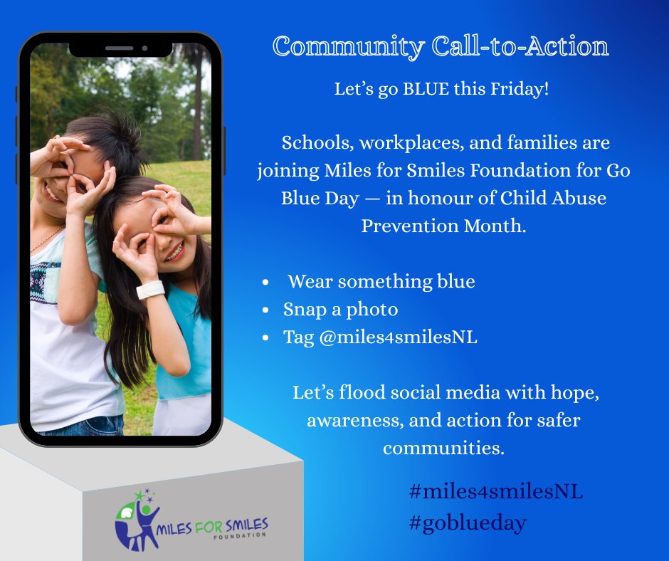 Please show your support for National Child Abuse Prevention Month by wearing blue tomorrow (October 24th). <a href="/miles4smilesNL/">M4S</a> #childabusepreventionmonth