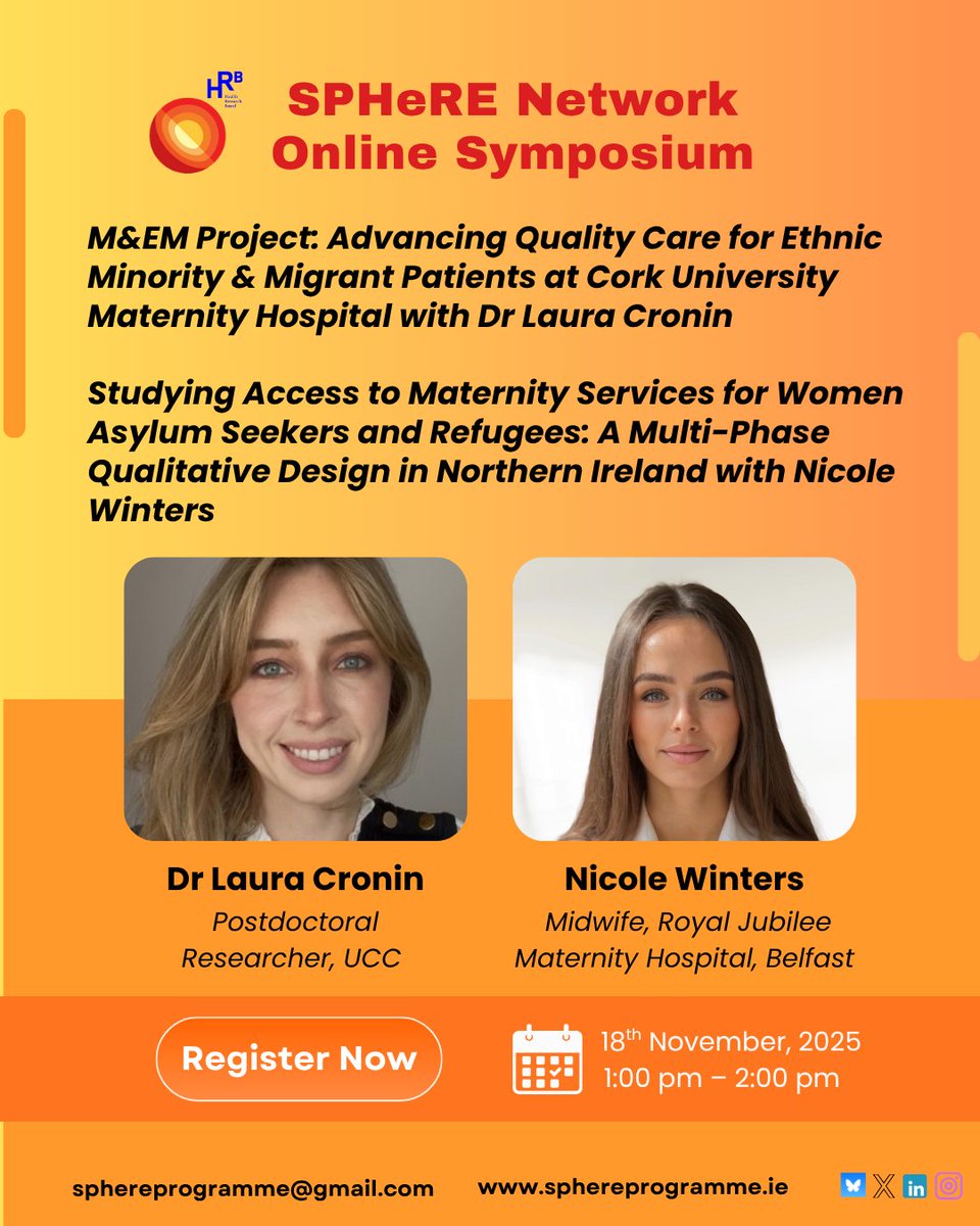 SPHeREprogramme's tweet image. Register for another exiciting SPHeRE Online Symposium with Dr Laura Cronin on &apos;M&amp;amp;EM Project&apos; and Nicole Winters on &apos;Studying Access to Maternity Services for Women Asylum Seekers and Refugees&apos;. The symposium will be on Tuesday 18th November from 1-2 pm.  
sphereprogramme.ie/6318-2/