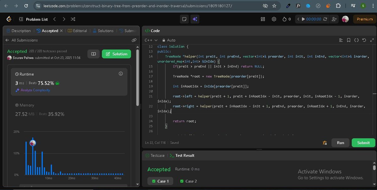 SouravPahwa9's tweet image. #100DaysOfCode - Day 8
🧠 Total: 5.5 hrs
📚 DSA: 5.5 hrs
🔹Maximum Width of Binary Tree✅
🔹Construct Binary Tree from Preorder & Inorder✅
🔹Construct BST from Preorder Traversal✅
🔹Started Merge Two BSTs
#buildinpublic #DSA #LeetCode #gfg160 #geeksforgeeks