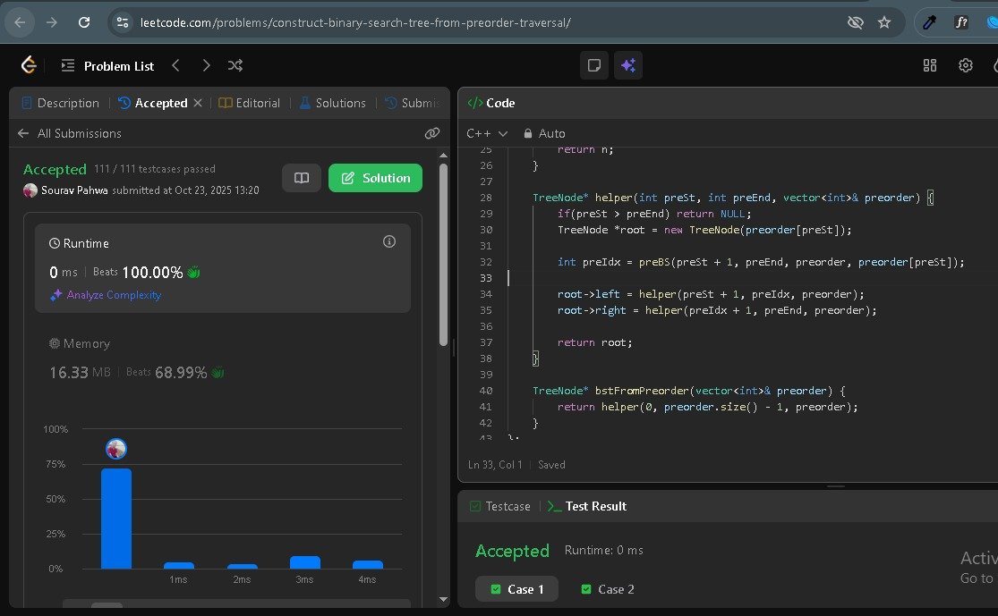 SouravPahwa9's tweet image. #100DaysOfCode - Day 8
🧠 Total: 5.5 hrs
📚 DSA: 5.5 hrs
🔹Maximum Width of Binary Tree✅
🔹Construct Binary Tree from Preorder & Inorder✅
🔹Construct BST from Preorder Traversal✅
🔹Started Merge Two BSTs
#buildinpublic #DSA #LeetCode #gfg160 #geeksforgeeks
