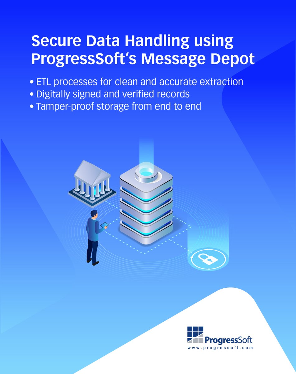 With Message Depot, ProgressSoft helps financial institutions secure and preserve every message end-to-end; from extraction (ETL) to storage with digital signatures that prevent tampering. Learn more: psly.me/wSPWY9 #ProgressSoft #DataSecurity #FinancialData