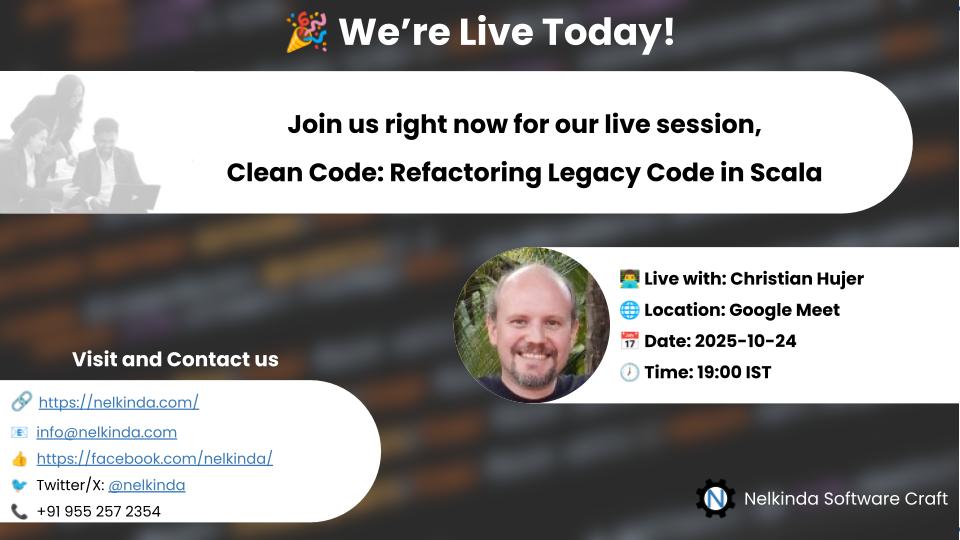 nelkinda's tweet image. 🎉 Today’s the day. Join @ChristianHujer live for Clean Code: Refactoring Legacy Code in Scala
🕖 19:00 IST | 📍 Google Meet link is live on Triffuns and Meetup page
👉 Triffuns: triffuns.com/events/26e014e…
👉 Meetup: meetup.com/meetup-group-n…
#CleanCode #Refactoring #Scala