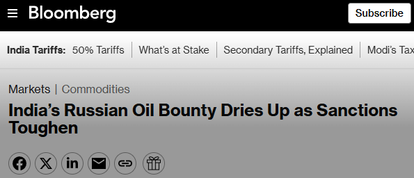 Per Bloomberg, all major Indian refineries are expected to reduce purchases from Russia to virtually zero due to the new US sanctions affecting Rosneft and Lukoil.

Worth noting India is, or better said was, the second largest market for Russia's oil exports, after China.