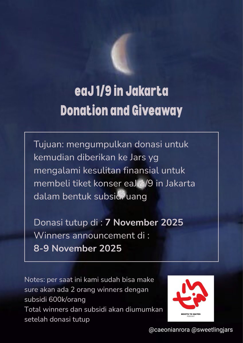caeonianrora's tweet image. eaJ 1/9 in Jakarta Donation and Giveaway is hereee 🙌 (by me and @sweetlingjars)
1. untuk yg mau donasi bisa isi link: bit.ly/eaJDonation
2. data donasi kamu bisa dicek di:
bit.ly/eaJDonationRes…
3. untuk yg mau ikut giveawaynya aja bisa isi link:
bit.ly/eaJ19Giveaway