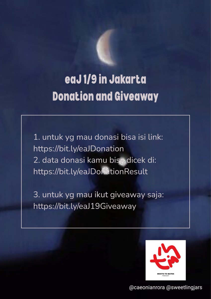 caeonianrora's tweet image. eaJ 1/9 in Jakarta Donation and Giveaway is hereee 🙌 (by me and @sweetlingjars)
1. untuk yg mau donasi bisa isi link: bit.ly/eaJDonation
2. data donasi kamu bisa dicek di:
bit.ly/eaJDonationRes…
3. untuk yg mau ikut giveawaynya aja bisa isi link:
bit.ly/eaJ19Giveaway