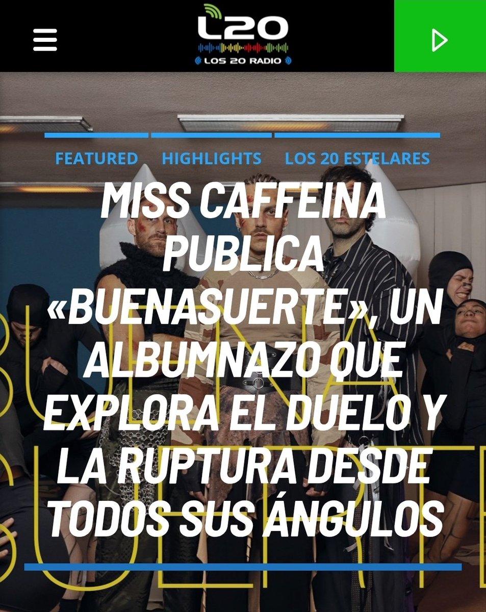 🗞 Miss Caffeina (<a href="/misscaffeina/">Miss Caffeina</a> ) publica «Buenasuerte», un albumnazo que explora el duelo y la ruptura desde todos sus ángulos: la tristeza, la rabia, la ironía y la aceptación. (<a href="/WarnerMusicES/">Warner Music Spain</a> ) - Vía <a href="/Los20Radio/">Los 20 Radio</a> ℹ️👇
🔗los20radio.com/miss-caffeina-…