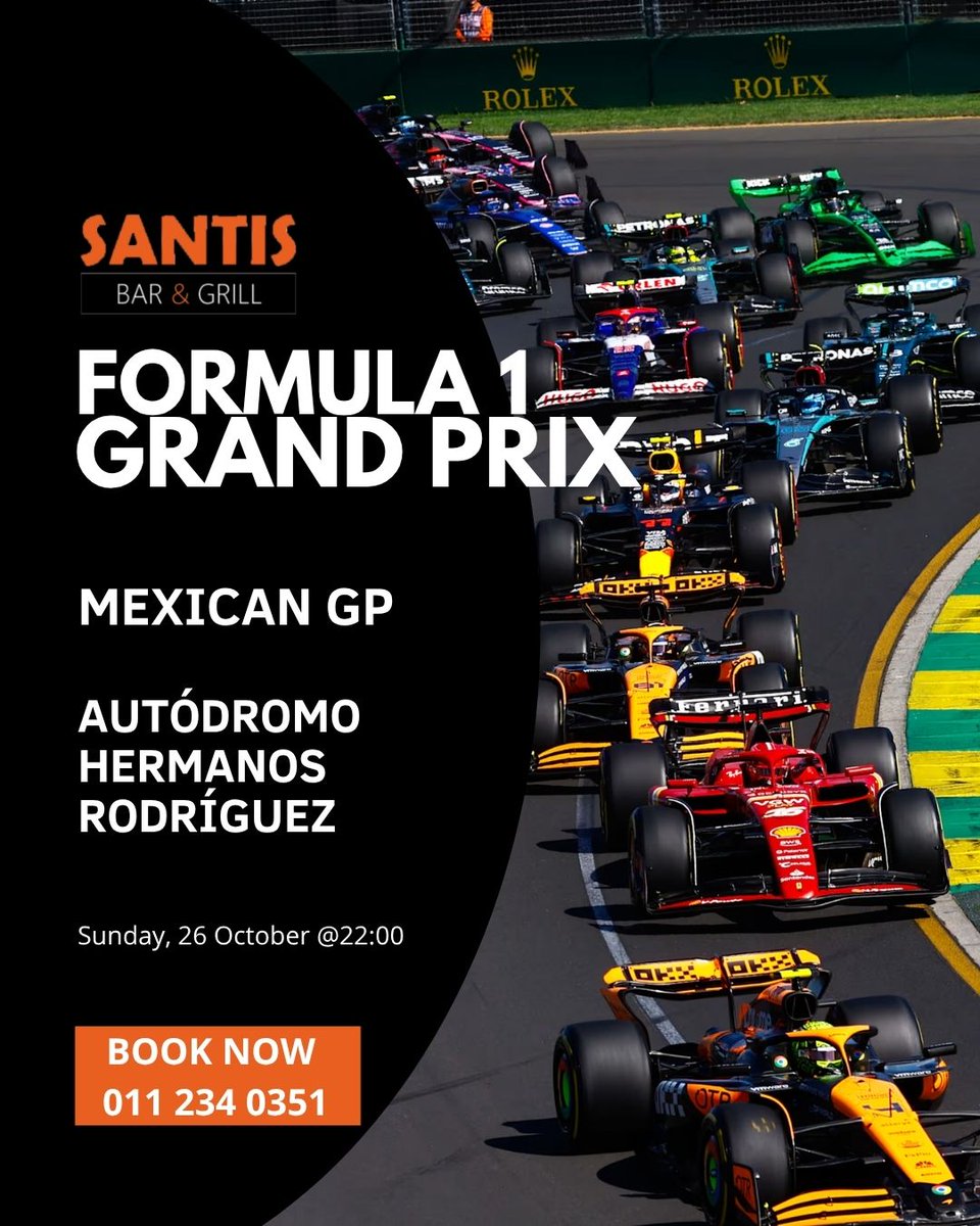 SantisBarGrill's tweet image. 🏁🇲🇽Mexican Grand Prix!🇲🇽🏁
Sunday 26 Oct @ 22:00 — It’s lights out at Autodromo Hermanos Rodriguez!🏎️💨Watch the race live at Santis with a burger🍔and an ice-cold draught🍺
📍Bookings essential – call📞011 234 0351
#SantisBarAndGrill #santiswebchanges #webchanges