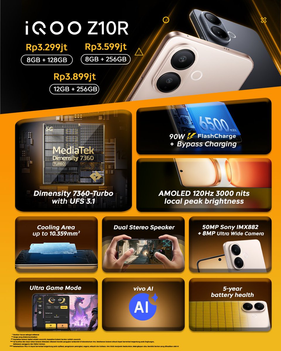 iqoo_id's tweet image. Siang kuliah, malem push rank? Santai, ada iQOO Z10R dengan #PerformaKelas untuk All Out tiap saat!

🚀 MediaTek Dimensity 7360 Turbo + UFS 3.1 = multitasking mulus tanpa lag.
🔋 6500 mAh + 90W FlashCharge &amp;amp; Bypass Charging = baterai badak, ngecas cepet, main tetep adem.
🌈…