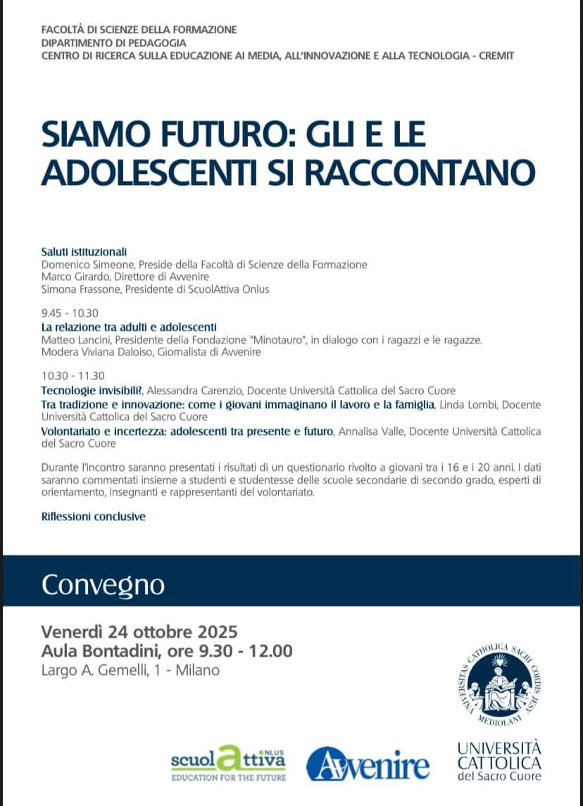 Vi aspettiamo domani per incontrare i ragazzi e le ragazze e, insieme a loro, parlare di #futuro, #rappresentazioni, #speranze e #cambiamento.

Per #Cremit <a href="/Unicatt/">Università Cattolica</a> Alessandra Carenzio 

<a href="/Avvenire_Nei/">𝐀𝐯𝐯𝐞𝐧𝐢𝐫𝐞</a>