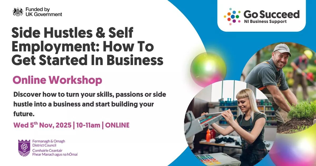 💡 Want to start a side hustle or go self-employed?

Join <a href="/gosucceed_ni/">Go Succeed NI</a>’s FREE online workshop on Wed 5 Nov (10–11AM).

Learn to turn your skills into a business idea with expert guidance from Tina Calder.

🎟️ cutt.ly/Sr85twtu

#GoSucceedNI #SideHustle