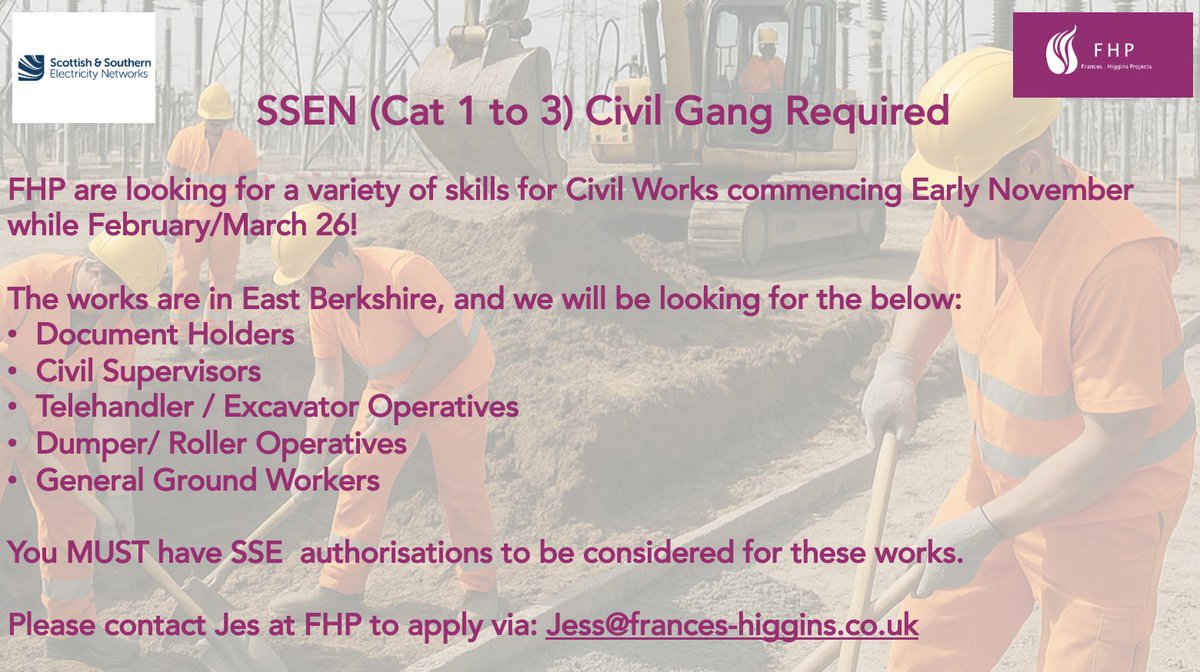 FrancesLtd's tweet photo. @SSE Authorised contractors required for upcoming projects! Please see below and get in touch! https://t.co/4u0rfBUmJj