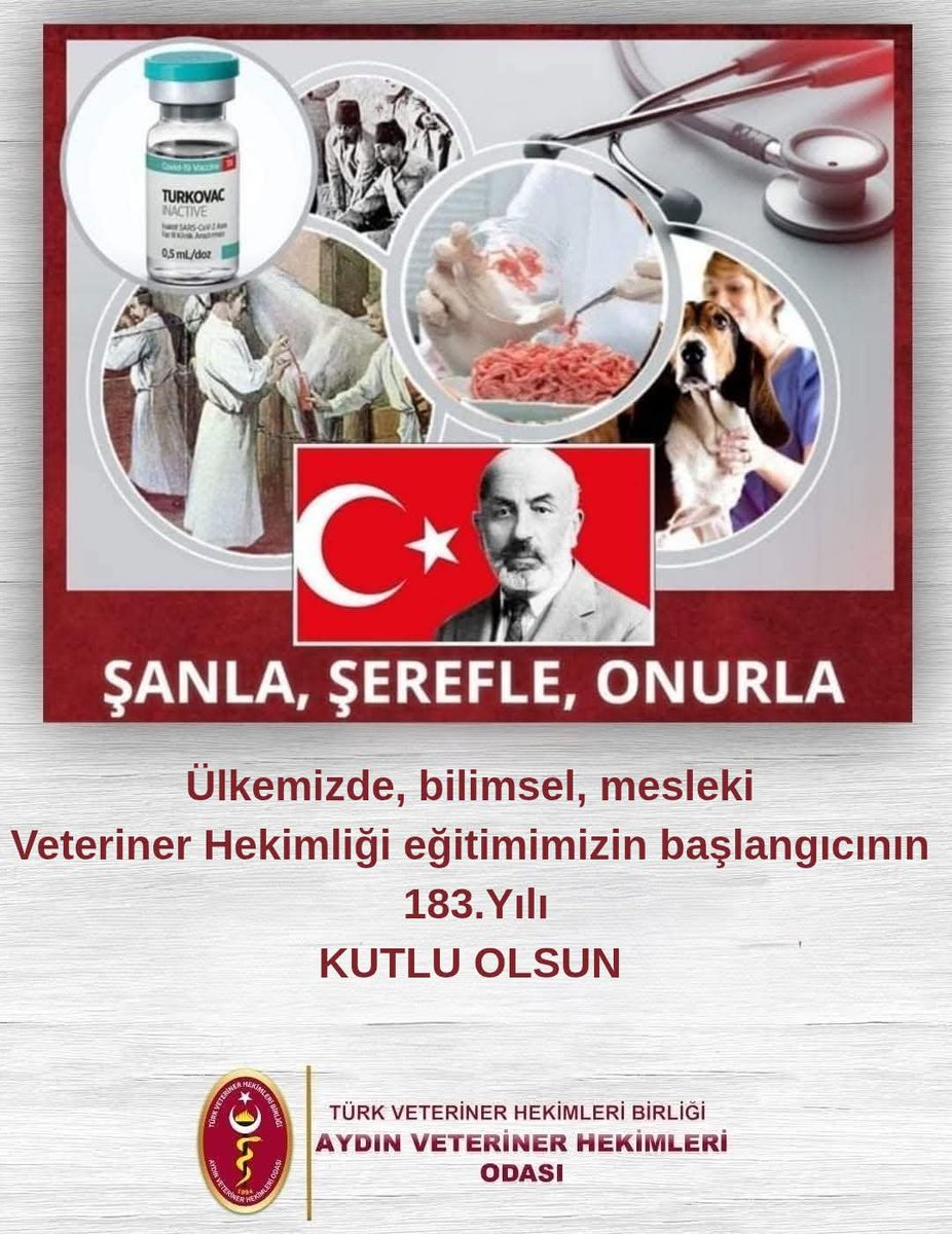 ŞANLA, ŞEREFLE, ONURLA 183 YIL !
Ülkemizde, Bilimsel, Mesleki Veteriner Hekimlik Eğitimimizin Başlangıcının 183. Yılı Kutlu Olsun...