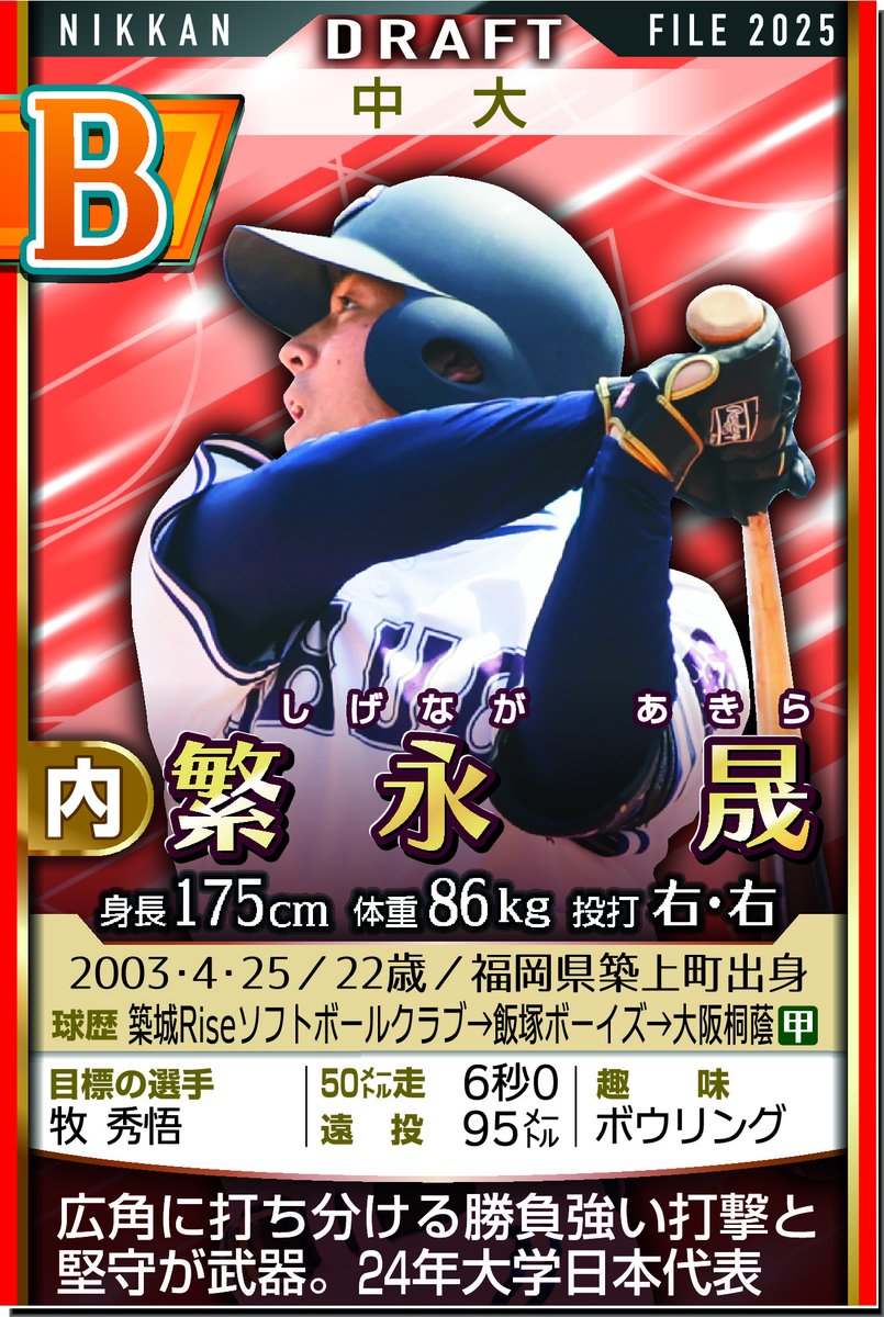 fukudasun's tweet photo. 【楽天３位】
繁永晟（しげなが・あきら）内野手（中大＝大阪桐蔭）
大学日本代表の二塁手。3度のベストナイン。3年春に首位打者。福岡県築上町出身。173センチ、77キロ、右投げ右打ち https://t.co/gNTxDJ1Icb