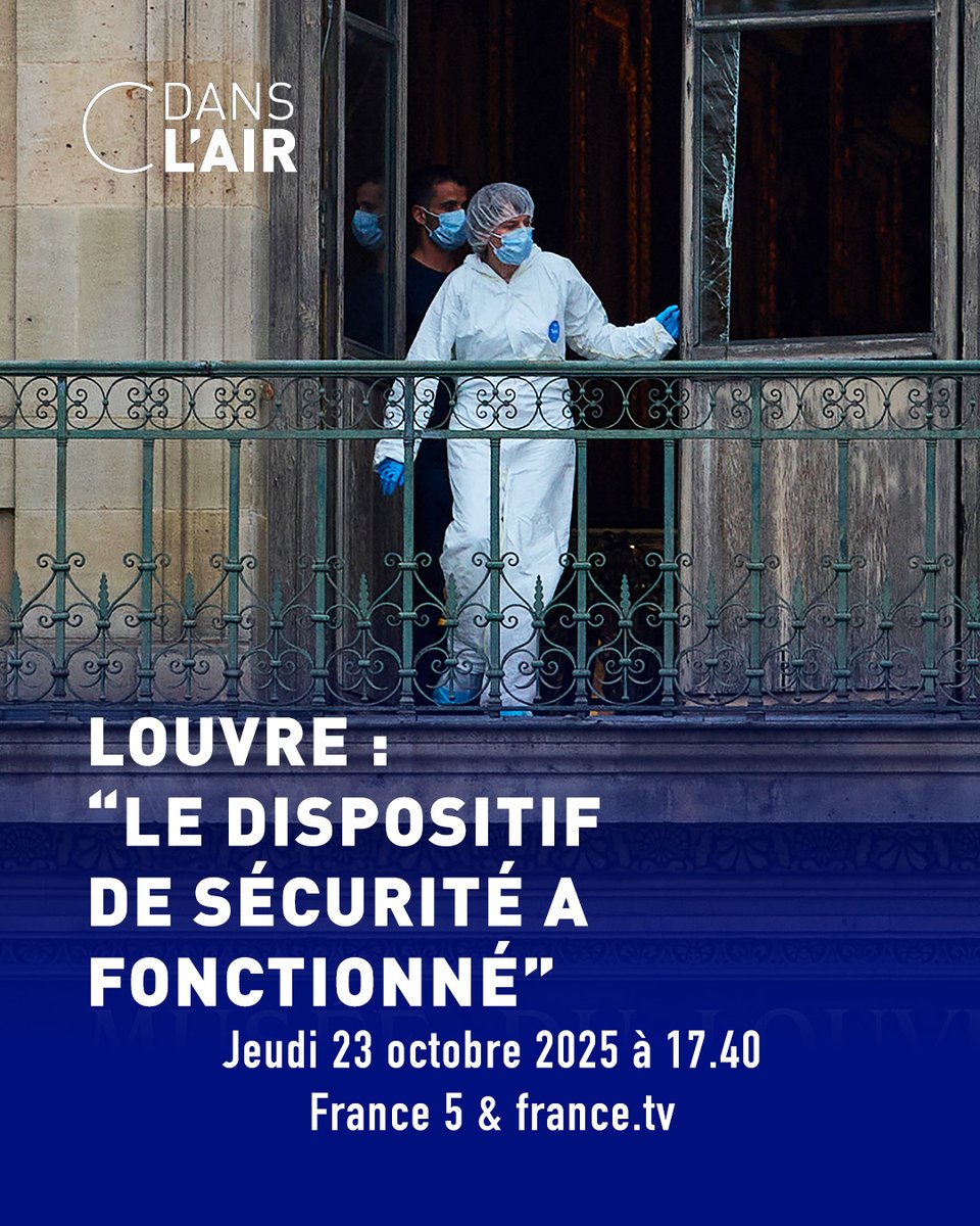 ⬛Louvre : "Le dispositif de sécurité a fonctionné"

C'est le sujet du jour de #cdanslair : bit.ly/EmissionCdansl…
<a href="/AureCasse/">Aurélie Casse</a> vous donne rendez-vous à 17.40 avec
<a href="/C_Barbier/">Christophe Barbier</a> <a href="/Valdiguie/">Laurent Valdiguié</a> <a href="/DidierRykner/">Didier Rykner</a> Caroline Pigozzi et <a href="/moutet/">Anne-Elisabeth Moutet 🇫🇷🇺🇦</a>.

 Posez-nous vos questions !
#Louvre #sécurité