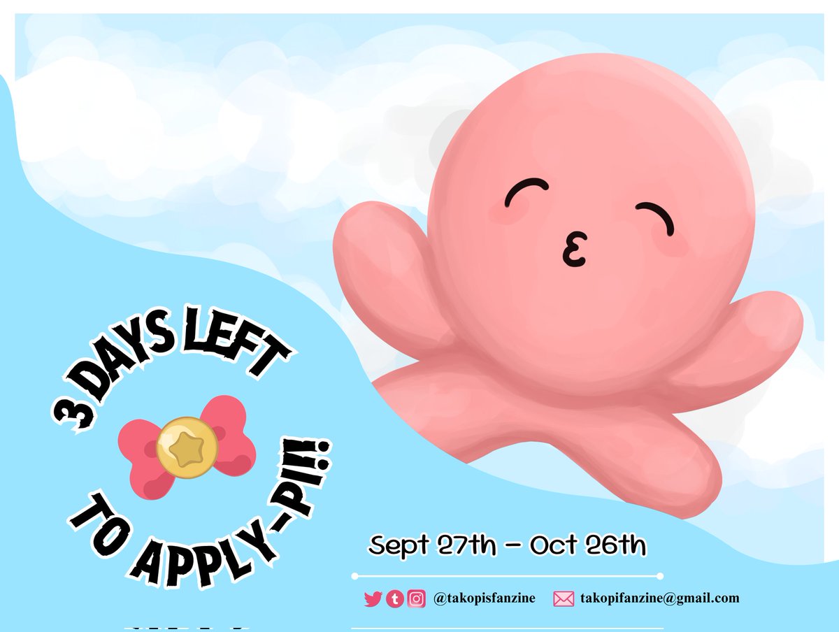 🐙 Three More Days to Apply 🎀

Last chance! Applications open until October 26th-pi!

Artists: forms.gle/R8dAXxrvMS9fNr…

Writers: forms.gle/evXx3LutJmqbQH…

Merch Artists: forms.gle/UEvDwis6D6pp36…

<a href="/aniziness/">AniZines</a> <a href="/allfandomevents/">All Fandom Events</a>