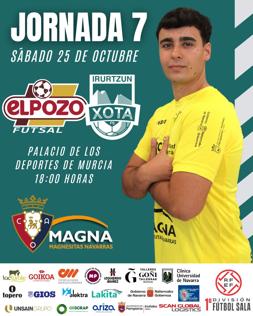 CDXOTA's tweet photo. 💪 𝐄𝐥 𝐬á𝐛𝐚𝐝𝐨 𝐬𝐞 𝐚𝐜𝐞𝐫𝐜𝐚... 

🕕 18:00 horas
🆚 @ElPozoMurcia_FS 
🏟️ Palacio de los Deportes de Murcia
📺 @LaLigaPlus 

#ElPozoXota #PrimeraDivisiónFS https://t.co/oMPz2GpI83