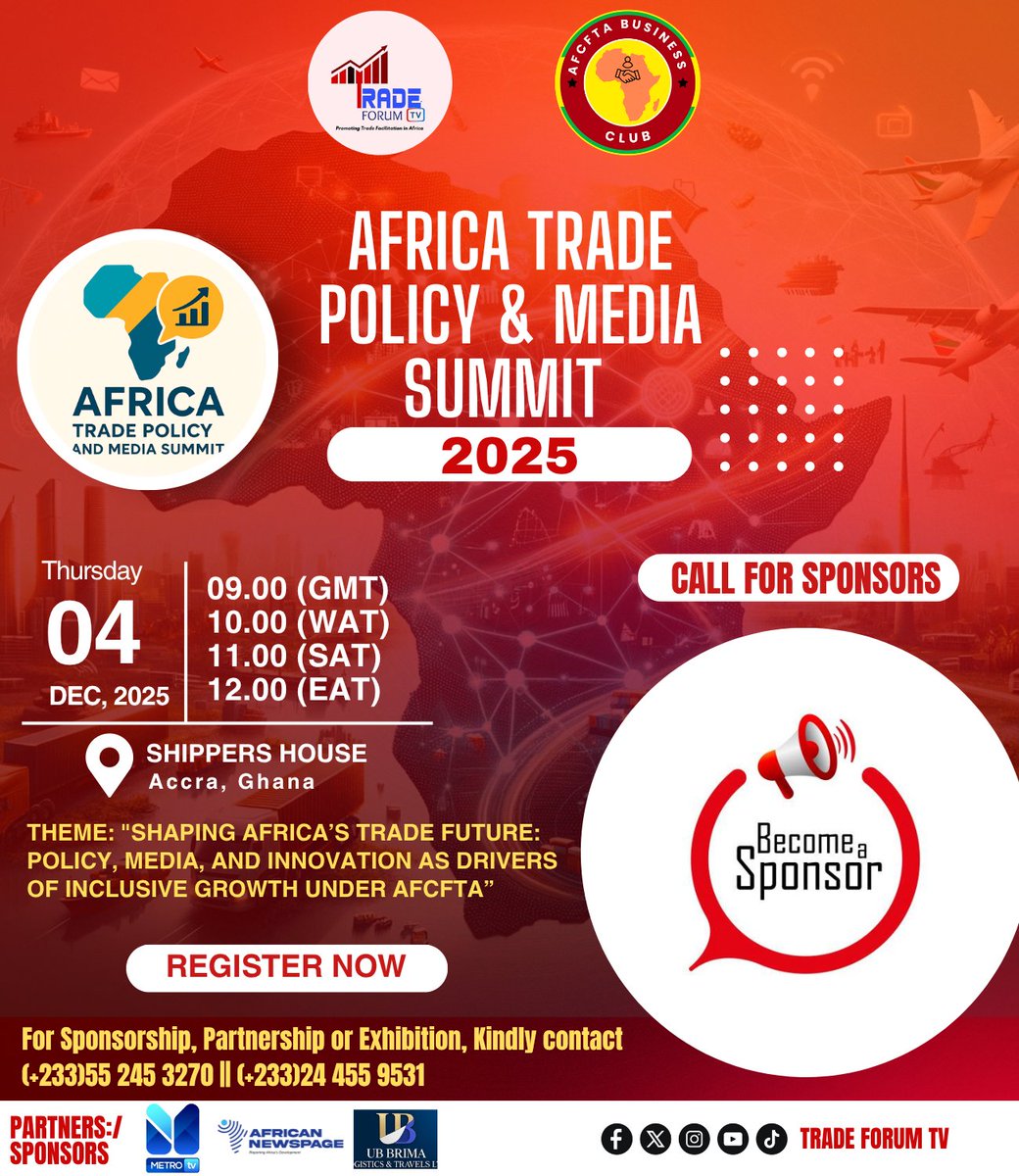 Strength lies in partnership — together, we drive Africa’s trade &amp; policy transformation forward! Join us as a partner or sponsor for <a href="/ATPMS_/">Africa Trade Policy and Media Summit</a> 2025, and be part of shaping the future of trade, investment, and industrial growth across the continent. #ATPMS2025 
#Afcfta 
#Sponsors
