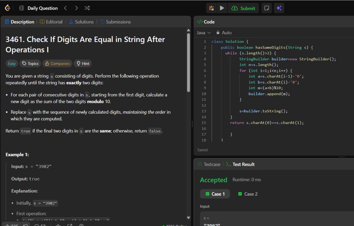 sam1368296's tweet image. Day 40  of #100DaysOfCode
Tackled Digits are equal on string after operation 1.
 #LeetCode #Java