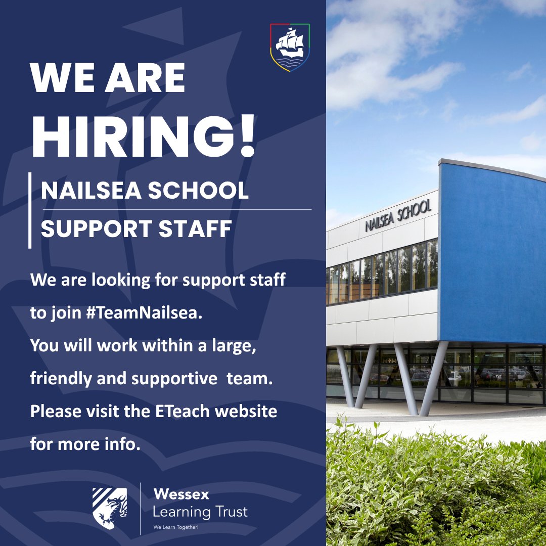 💙💙WE ARE HIRING 💙💙

We are looking for support staff to join our brilliant team - #TeamNailsea. 

You will work within a large, friendly and supportive team.
Please visit the ETeach website for more info eteach.com/jobs?empNo=1364