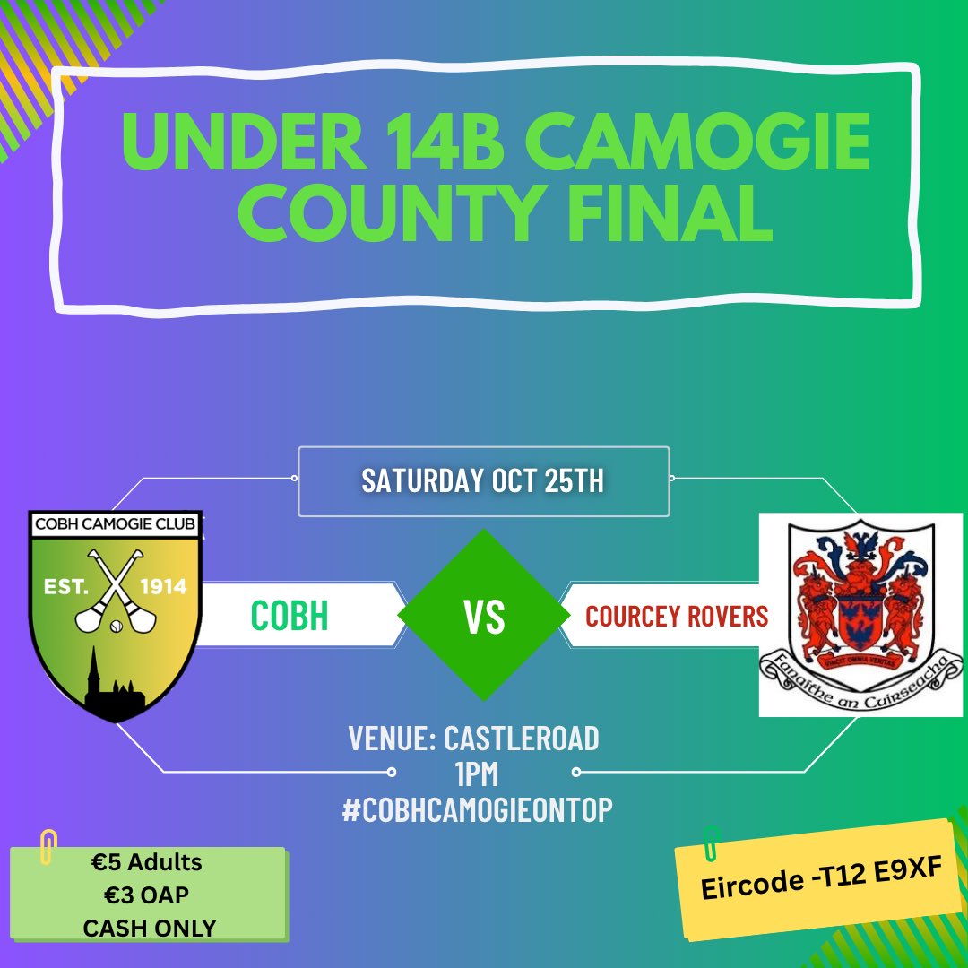 Under 14 vs Courcey Rovers Saturday in the County Final! 
Throw in is at 1pm in Castleroad
Please note there is a €5 CASH ONLY entry fee for adults and €3 OAP
Be sure to come out and support this super team and their coaches on a huge day for Cobh Camogie! 
#cobhcamogieontop