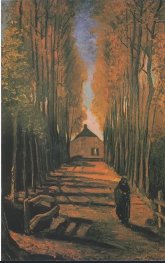 Maintenant j’ai peur de l’automne 
Et des soirées d’hiver sans vous 
Viendrez-vous pas au rendez-vous 
Que cet ami perdu vous donne 
En son pays du temps des loups

René Guy Cadou 
Van Gogh.   Allée des peupliers en Automne