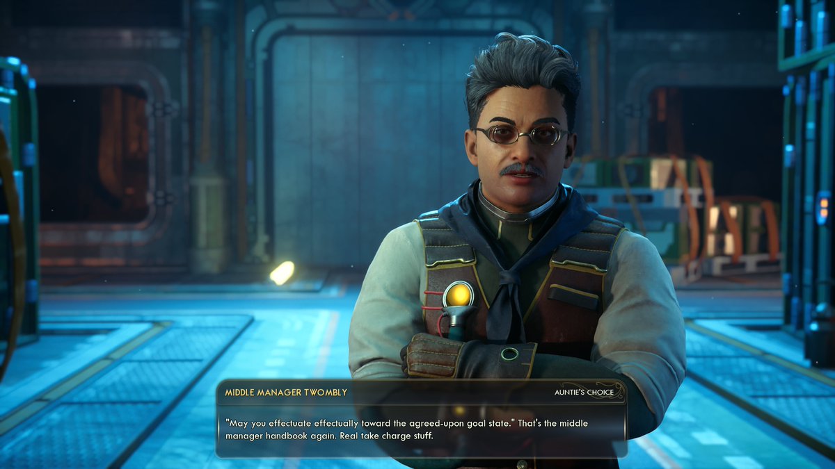 Solfleet's tweet image. My favorite quest in Outer Worlds 2 is when you help a group of completely milquetoast middle managers try and find dirt on executives - and they have no idea what to do with it. Peak Obsidian.