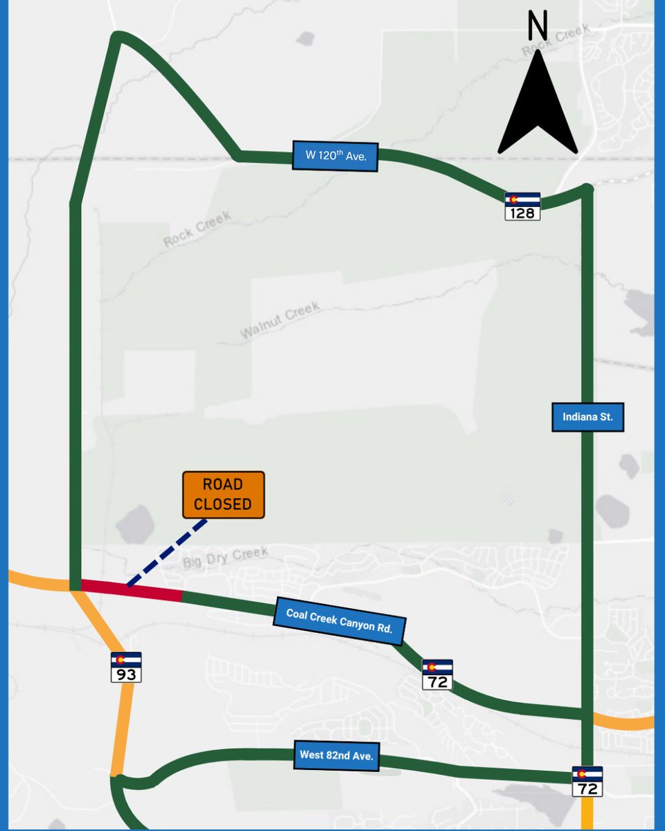 🚧Hwy 72 / Coal Creek Canyon Rd. full road closure from Hwy 93 to just east of the railroad tracks this weekend.

🚫 Full road closure on Hwy 72
📅 6pm Friday, 10/24 to 6am Monday, 10/27

Please use caution near the work zone to help keep everyone safe.