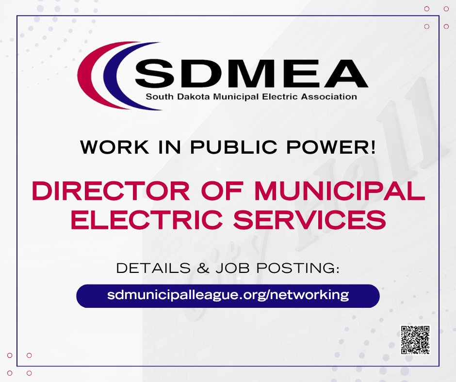 It's great to work on #PublicPower! 

SDMEA is seeking qualified candidates for Director of Municipal Electric Services. This #admin/management position offers competitive salary, SD Retirement and other benefits.

Details: ow.ly/Ni3u50XfAIs

#Hiring #MunicipalJob #SoDakJob