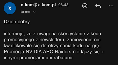 mozewinka's tweet photo. Jakbyście kiedyś coś kupowali na @xkom_pl (czego nie polecam) to nie używajcie przypadkiem kodu na dwie dychy z newslettera, bo wam zajebią gierkę xD! @ARCRaidersGame 🥲

inb4 no napisane że się nie łączy, no spoko popełnilem błąd (kupując cokolwiek w tym sklepie) https://t.co/hFyfYlnl2k