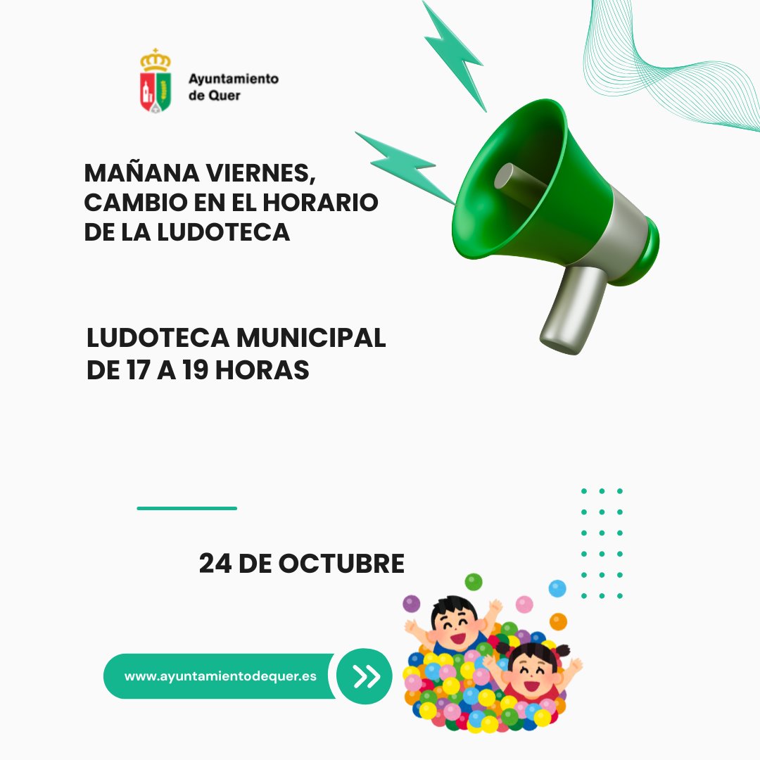 aytoquer's tweet image. 📢 Mañana viernes cambia el horario de la Ludoteca Municipal: abrimos de 17:00 a 19:00 h.
📅 24 de octubre
¡No te lo pierdas! 🎈👧🧒
Más info en ayuntamientodequer.es
#Quer #Ludoteca #Aviso
