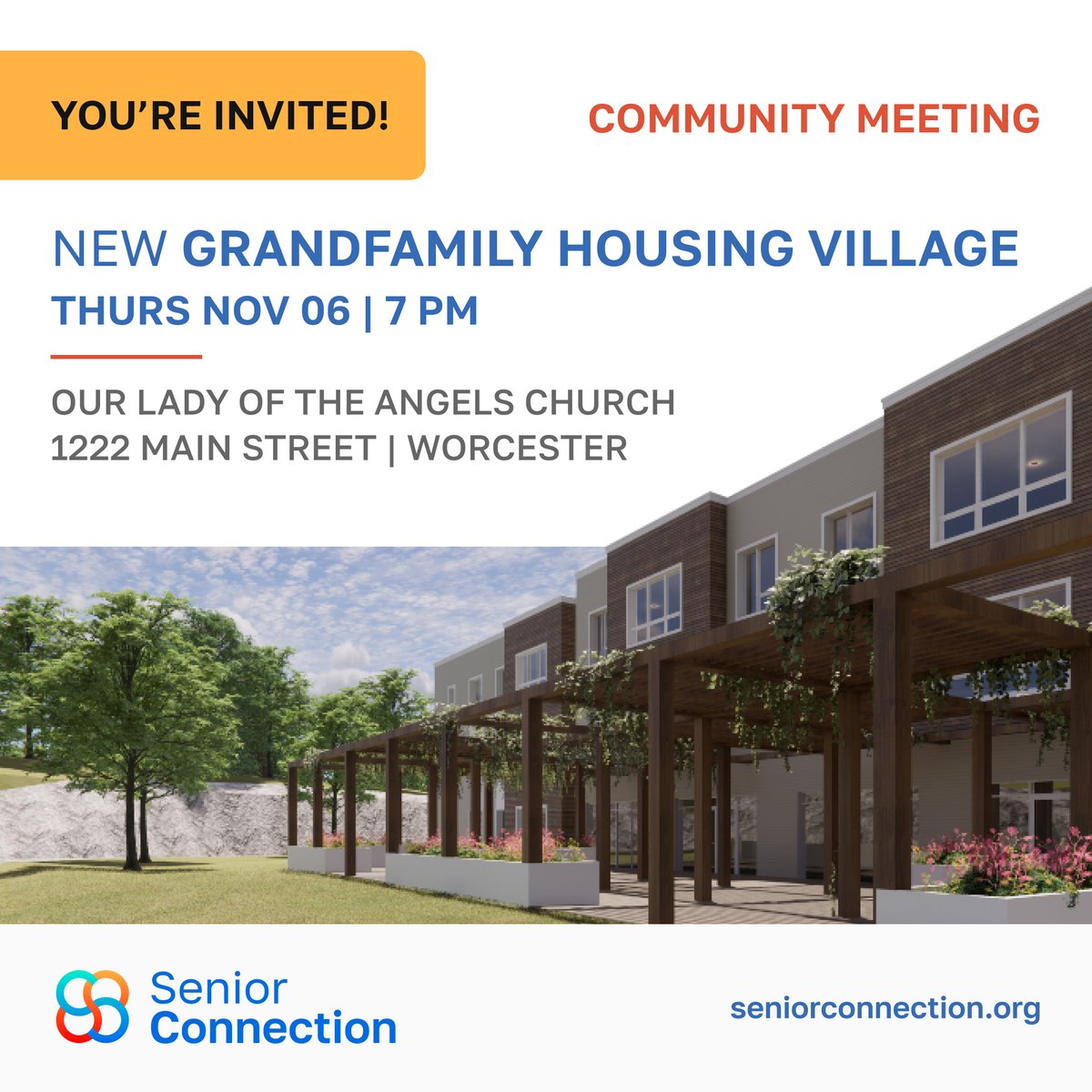 Grandparents &amp; relatives raising kids—come learn about the new Grandfamily Housing Village at 264 Stafford St, Worcester! Info session Thurs Nov 6 @ 7 PM | Our Lady of the Angels Church. All are welcome!